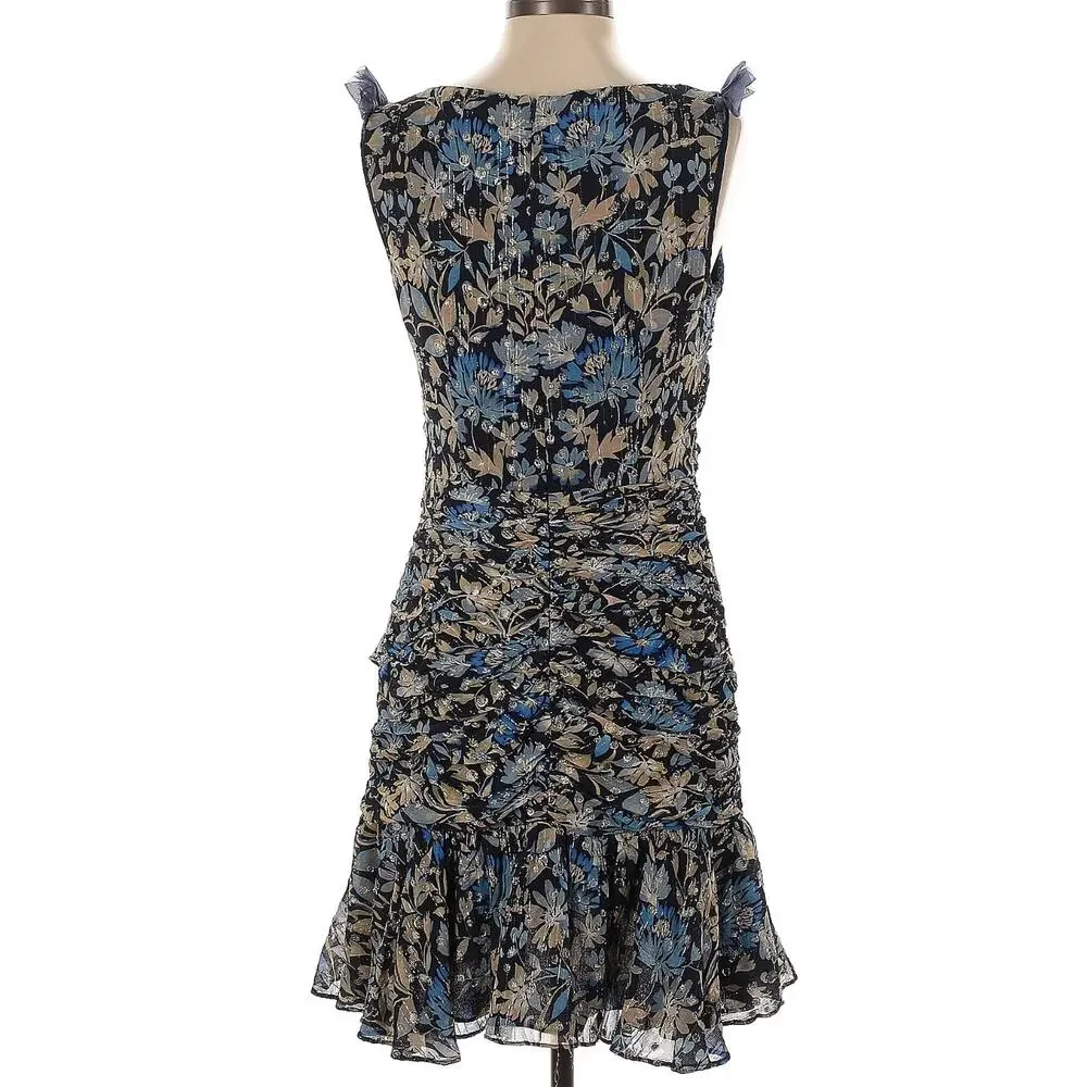 ML Monique Lhuiller Blue Floral Flounce Ruffle Mini Dress Size 4 Chiffon $545 - Picture 2 of 7
